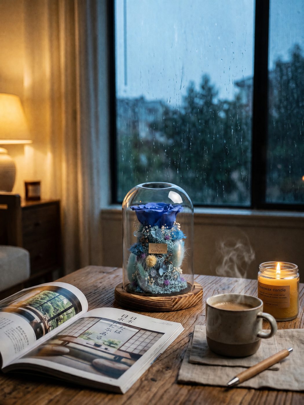 Blue eternal rose preserved in a glass dome